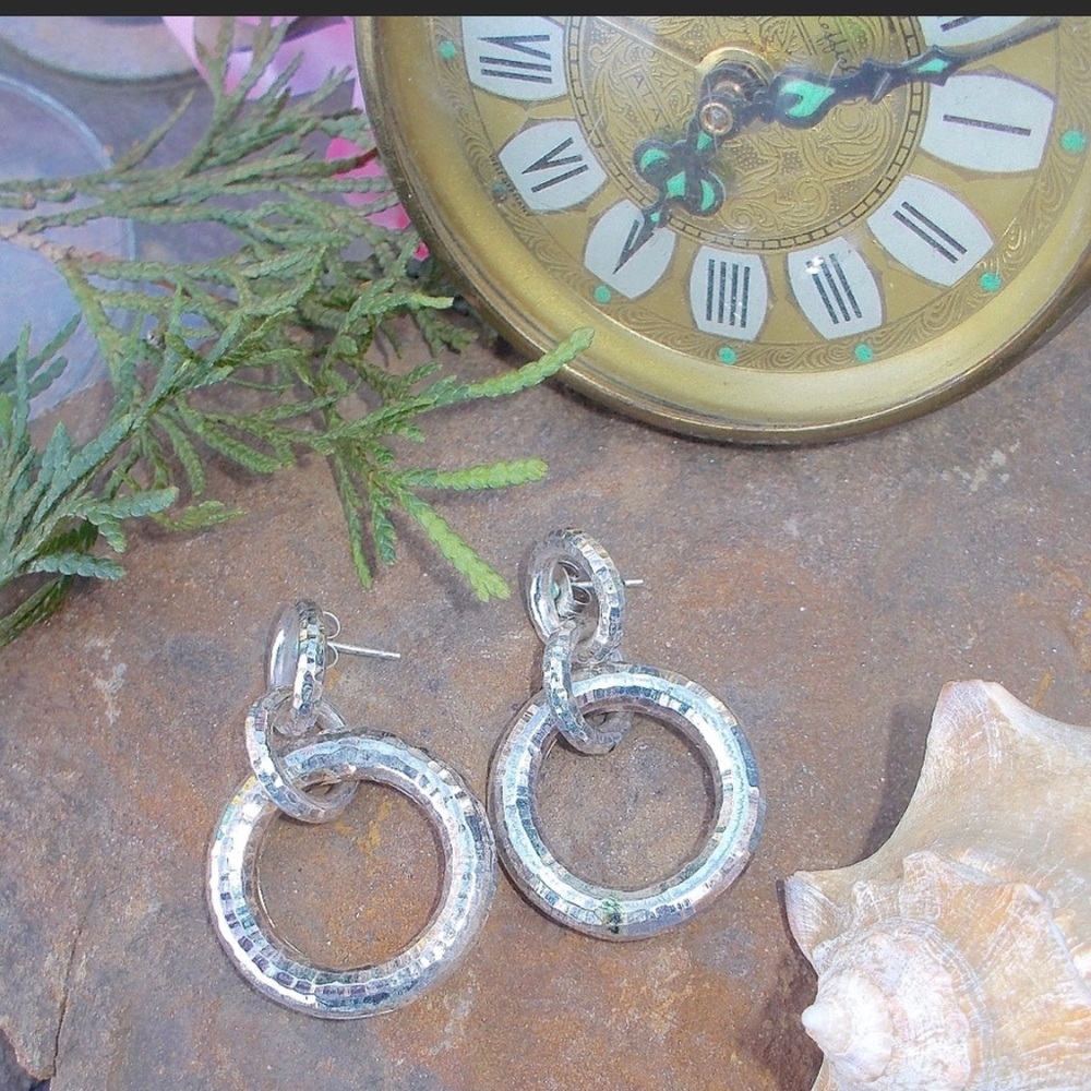 Hammered Sterling Silver Circle Dangle Earrings